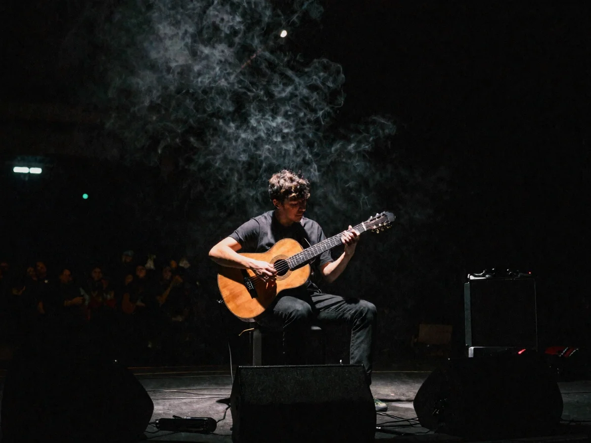 Músico tocando la guitarra en un escenario oscuro con iluminación