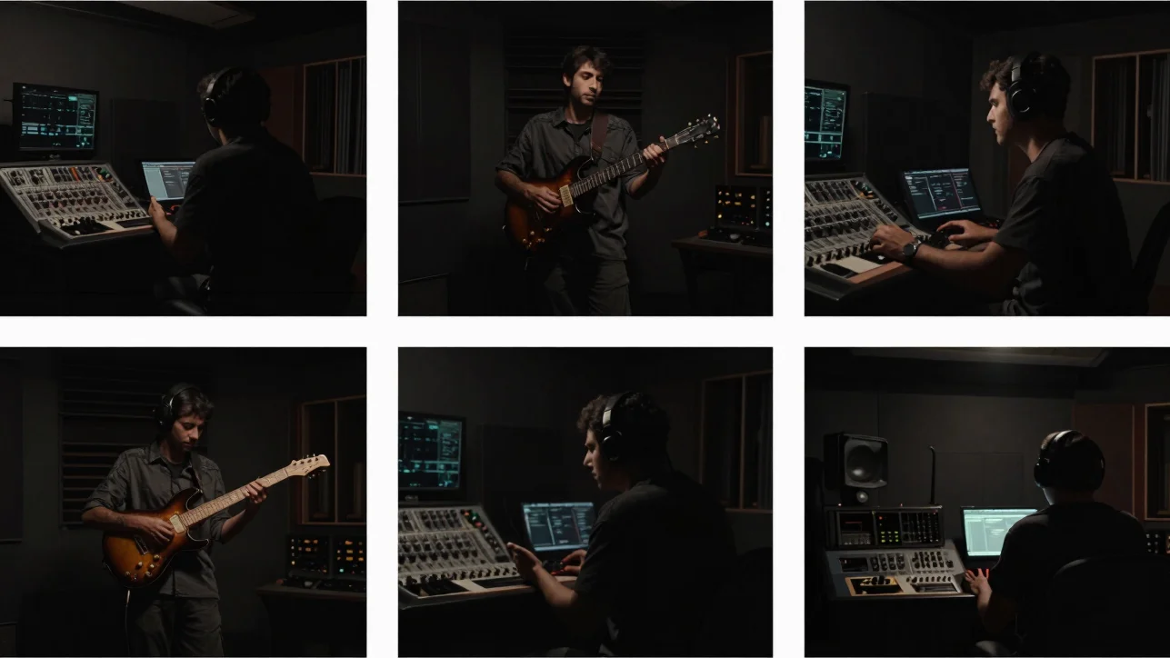 Banda tocando en vivo en un estudio oscuro, luces de escenario dramáticas, enfoque en el cantante y el guitarrista, esté