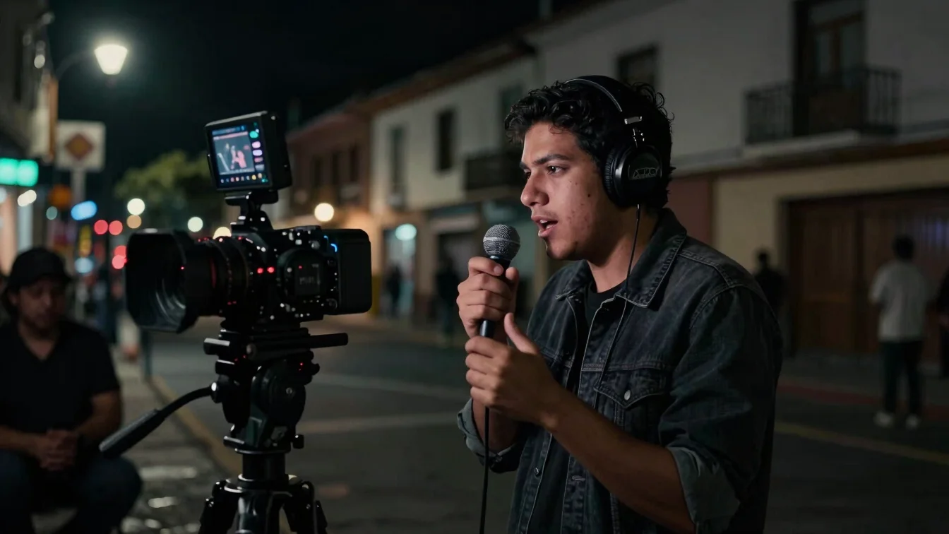 Músico grabando un reel para redes sociales, cámara de mano, iluminación de neón sutil, ambiente urbano nocturno de Quit