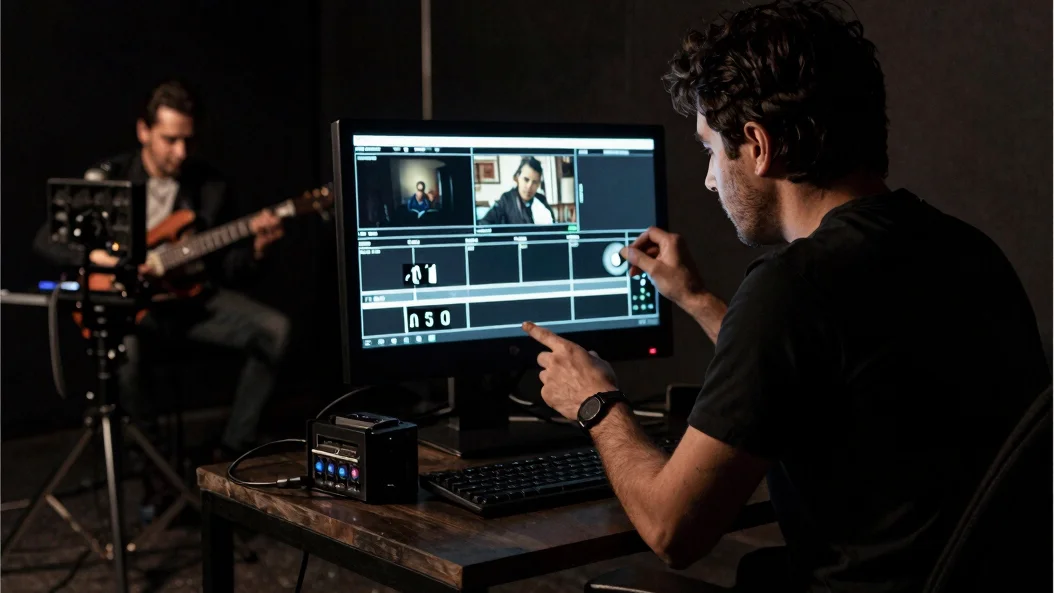 Director de cine revisando tomas en un monitor en un estudio de grabación oscuro, músico en el fondo, equipo de iluminac