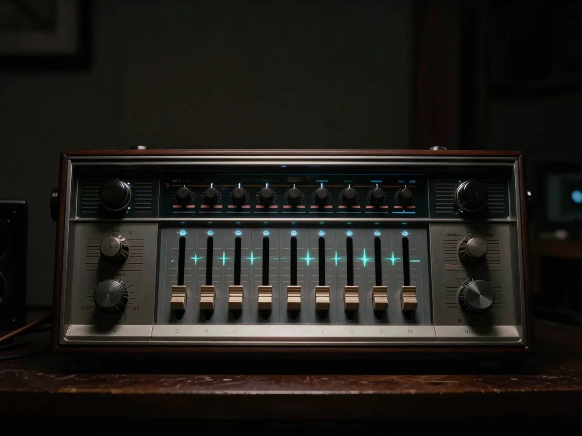 Wide panoramic shot of a vintage radio console with glowing faders and knobs, dramatic low light, subtle luminous audio