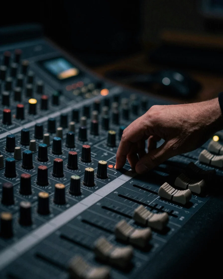 Close-up of a hand adjusting an equalizer on a mixing console, subtle neon glow, deep shadows, dark cinematic photograph