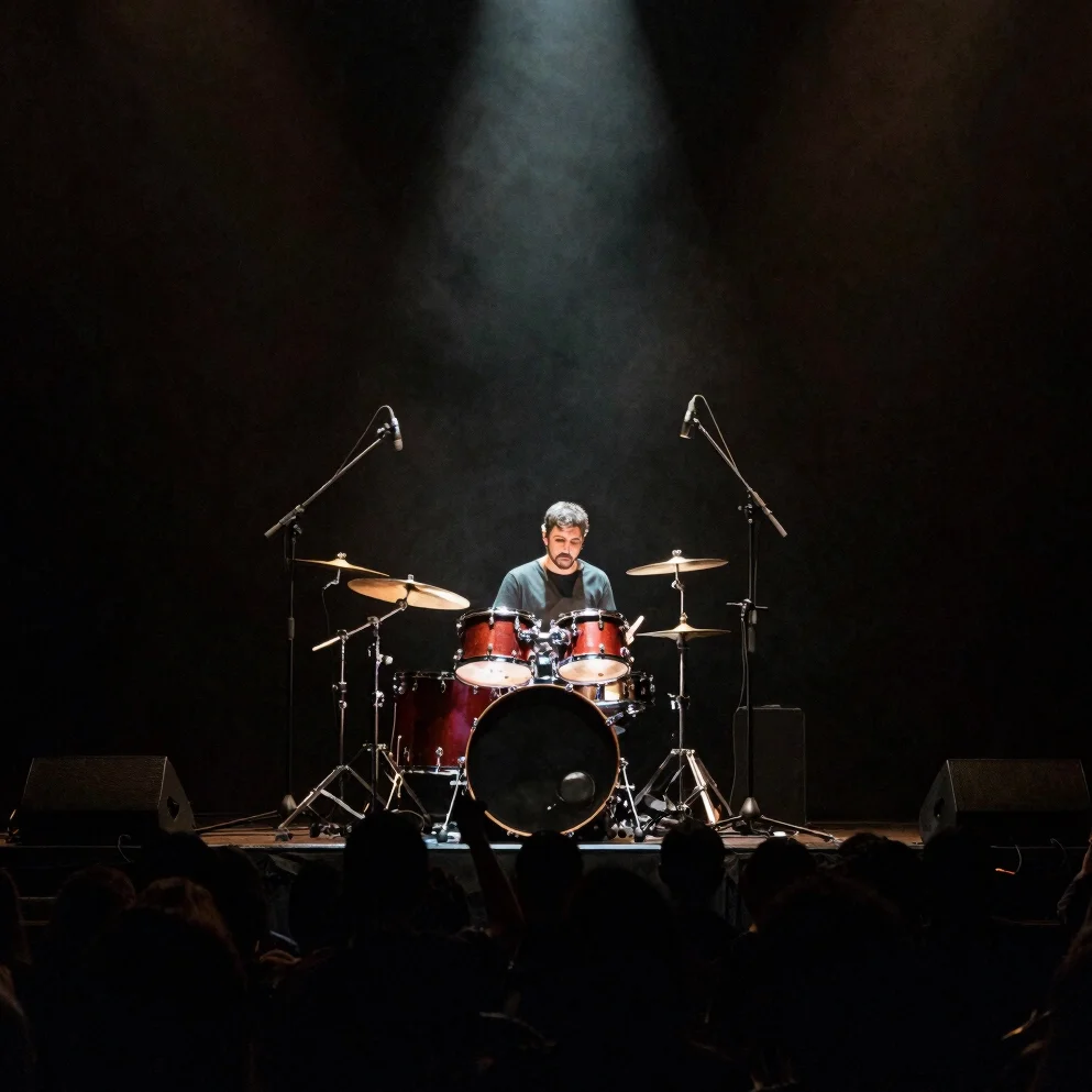 Baterista en un escenario oscuro con luces de concierto, claroscuros dramáticos, tonos carbón.
