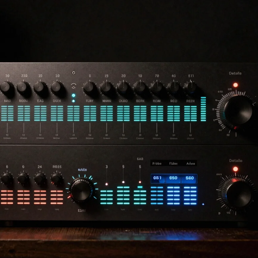 Detalle de un ecualizador de audio con luces, alta tecnología, oscuro y cinematográfico.